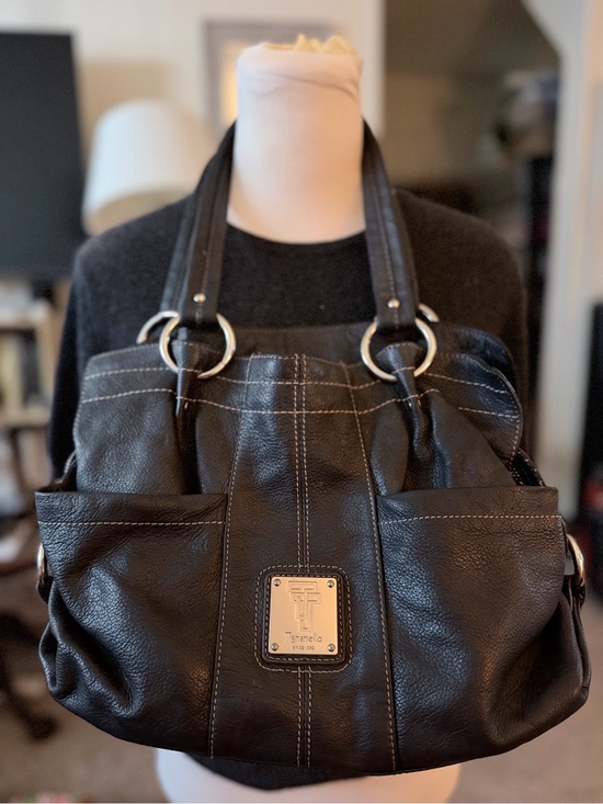 Tignanello Handbags - Tignanello Black Pebbled Leather Shoulder Bag with Silver Plaque